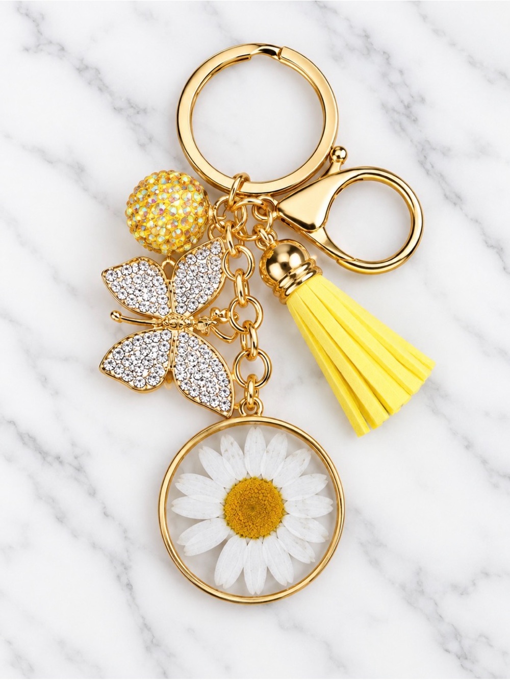 Bag Charm/Keyring-White Daisy and Butterfly Charm-Gold Hardware